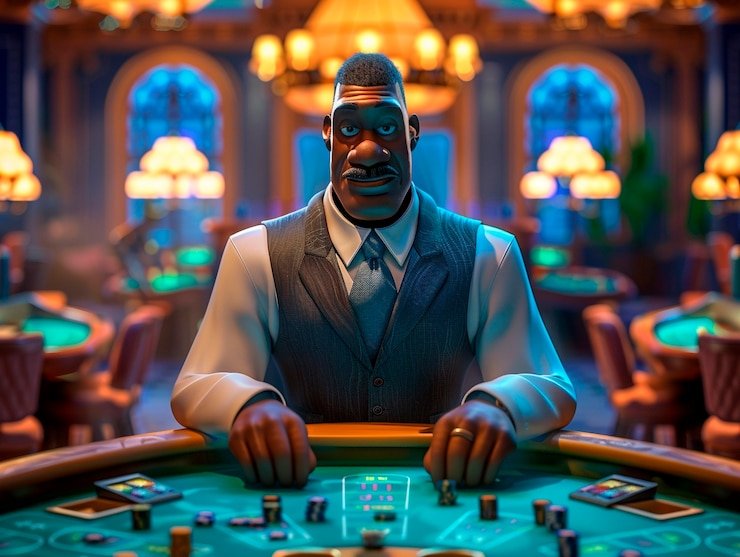Tangan pemain sedang mengocok kartu pada meja permainan casino bergaya klasik